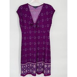 Chaps Purple Geometric Twist Front Cap Sleeve Knee Length Dress Womens Sz PXL